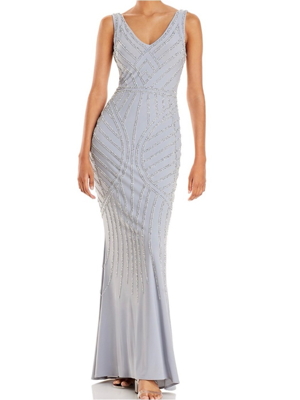 Elegant Silver-Beaded V-Neck Evening Gown